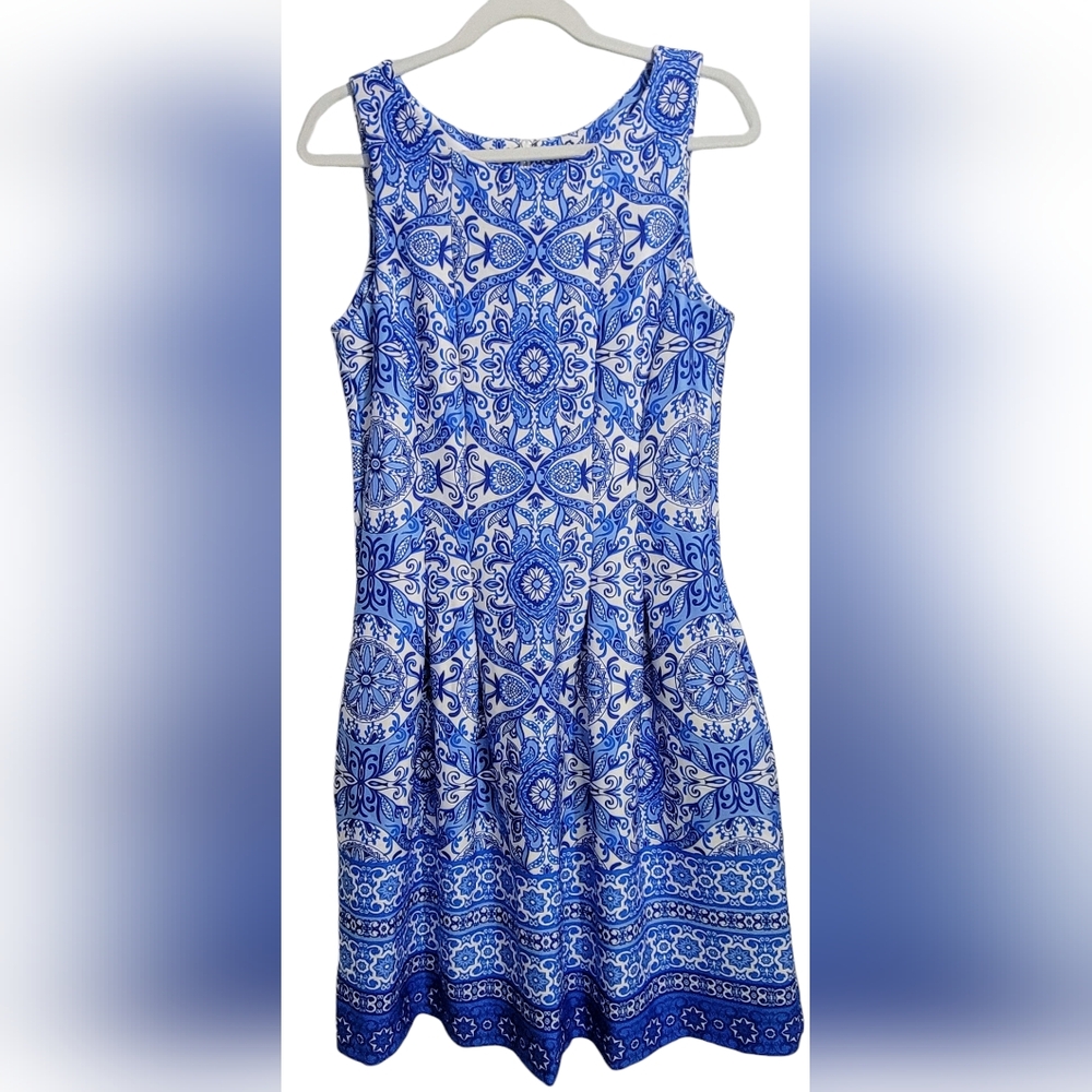 Blue Printed Sleeveless Women's Dress